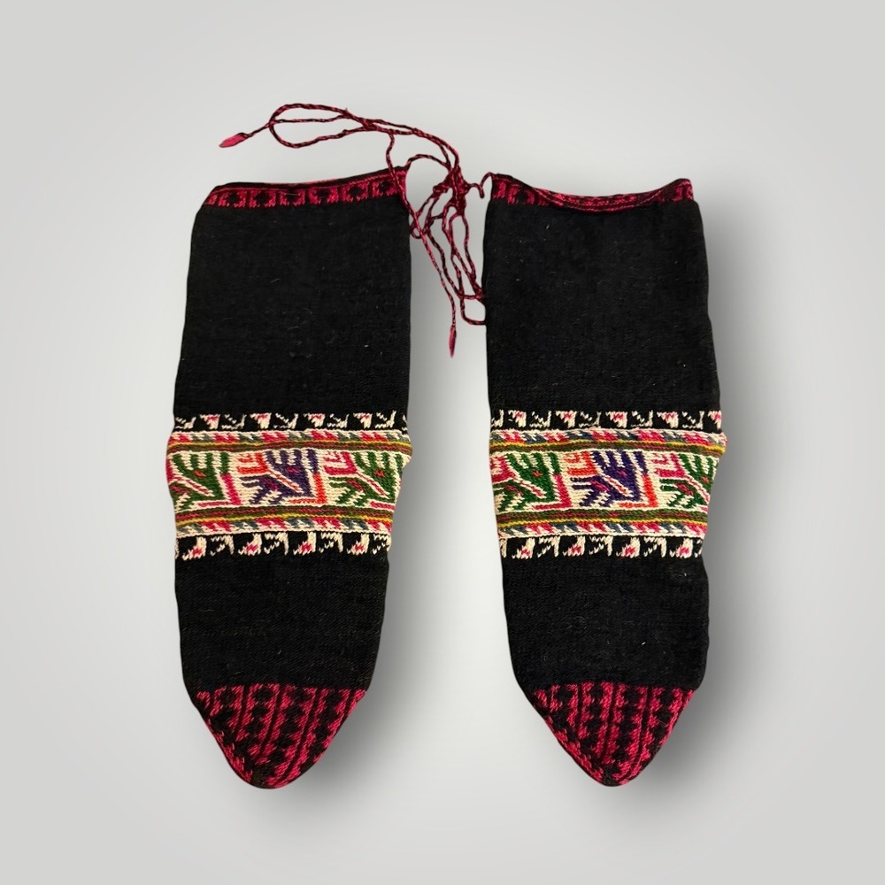 Albanian Hand Knit Wool Socks Black Red Folk Ethnic Traditional Vintage Cabin